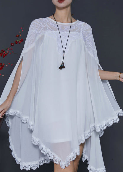 French White Embroidered Asymmetrical Chiffon Upf 50+ Shirt Summer