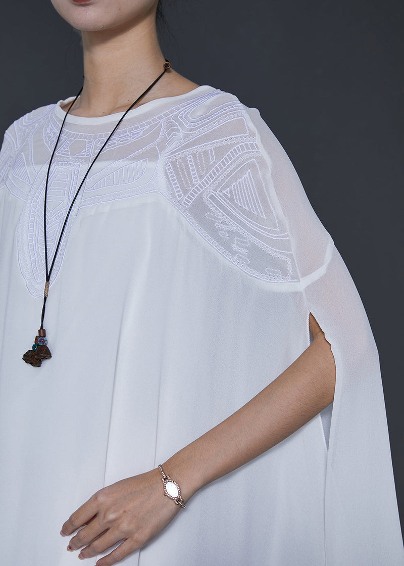 French White Embroidered Asymmetrical Chiffon Upf 50+ Shirt Summer