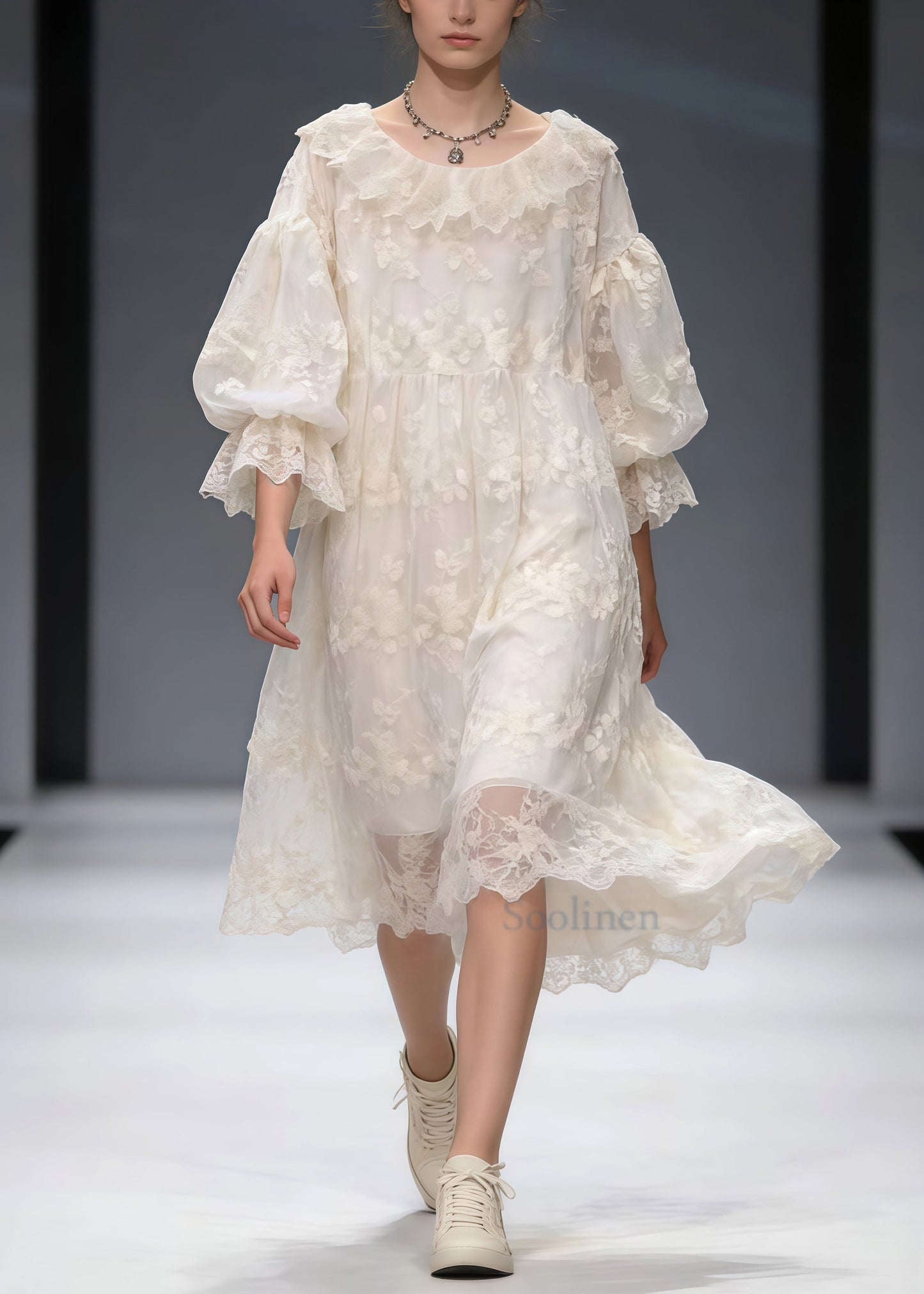 French White Embroidered Oversized Lace Vacation Dresses Spring