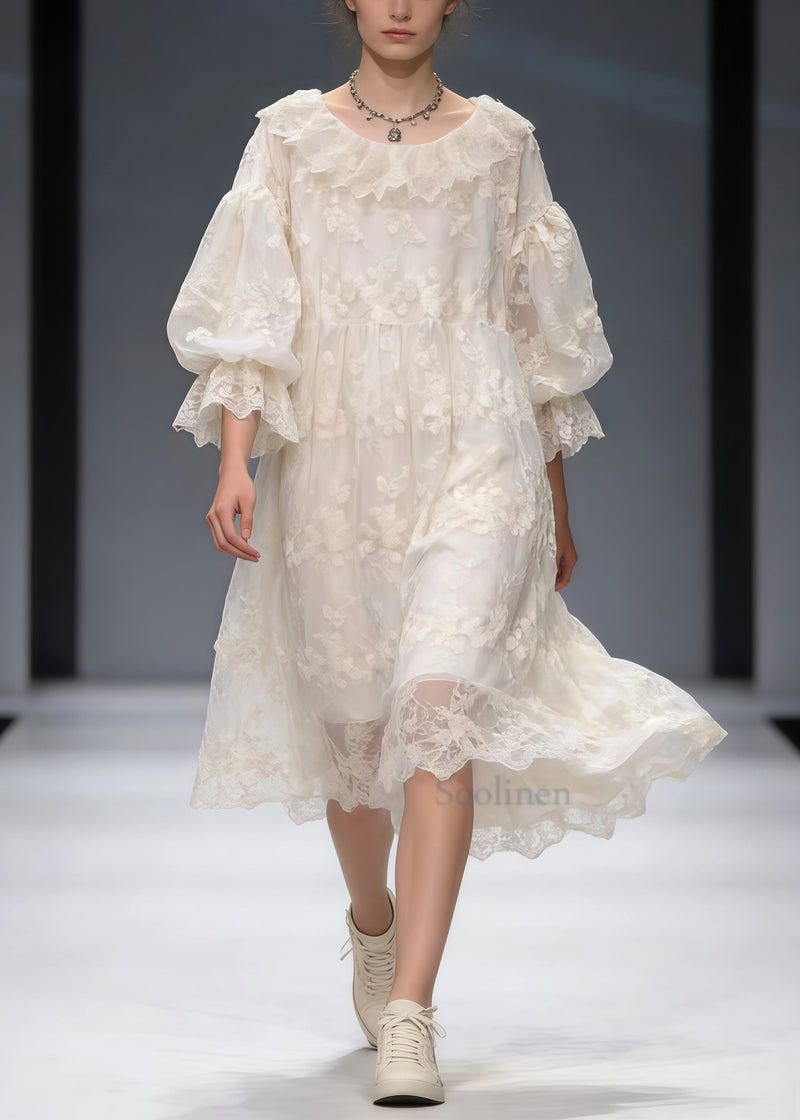 French White Embroidered Oversized Lace Vacation Dresses Spring