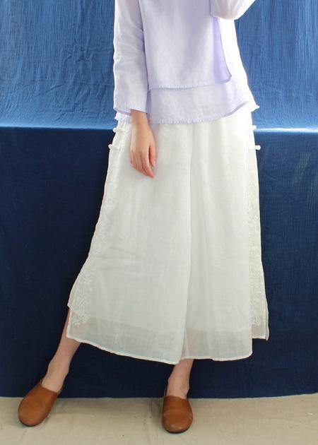 French White Embroidery Pants Summer Elastic Waist Work Pant