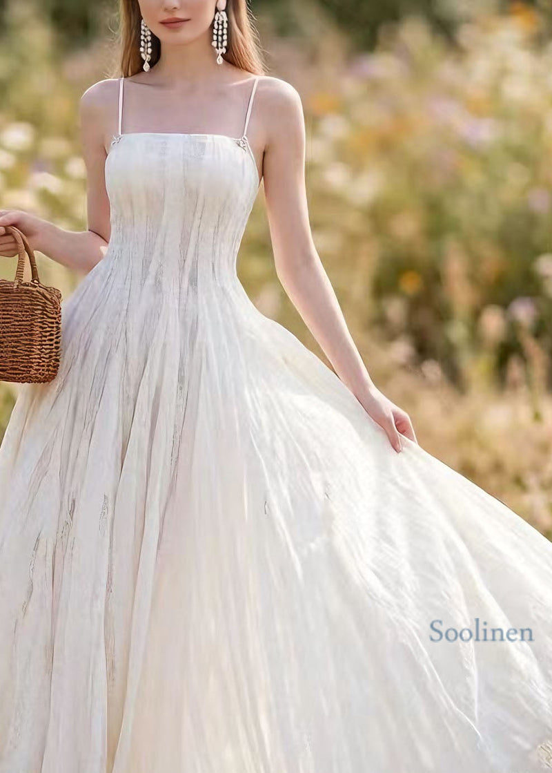 French White Lace Up Spaghetti Strap Summer Dress