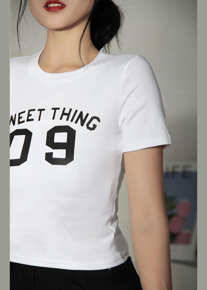 French White Letter O-neck Cotton Summer Tops
