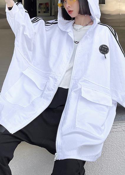 French White Letter Pockets Spring Hoodies Cotton Outwear