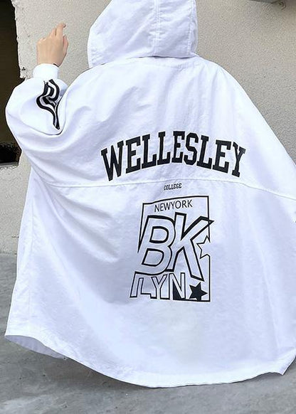 French White Letter Pockets Spring Hoodies Cotton Outwear