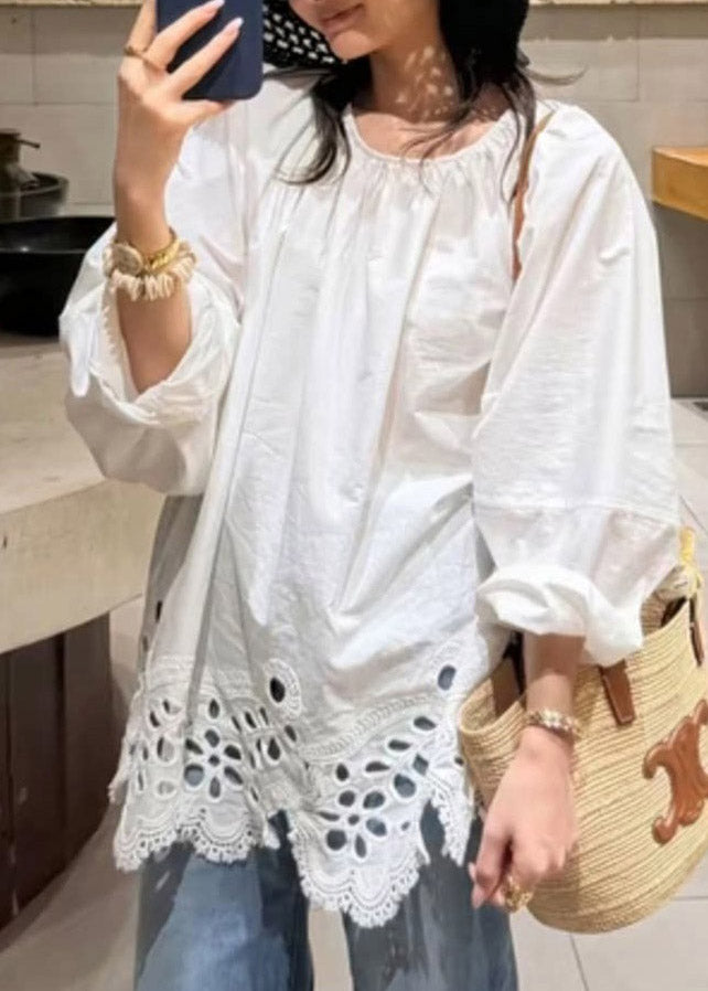 French White O-Neck Embroidered Hollow Out Top Lantern Sleeve