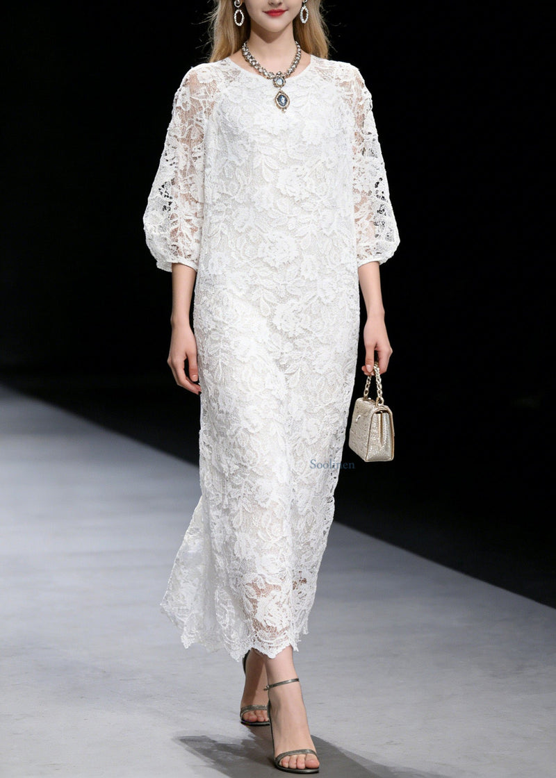 French White O Neck Hollow Out Lace Long Dress Summer