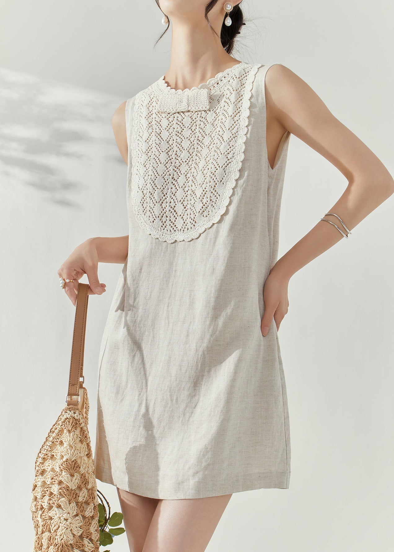 French White O-neck Hollow Out Party Mid Dress Summer