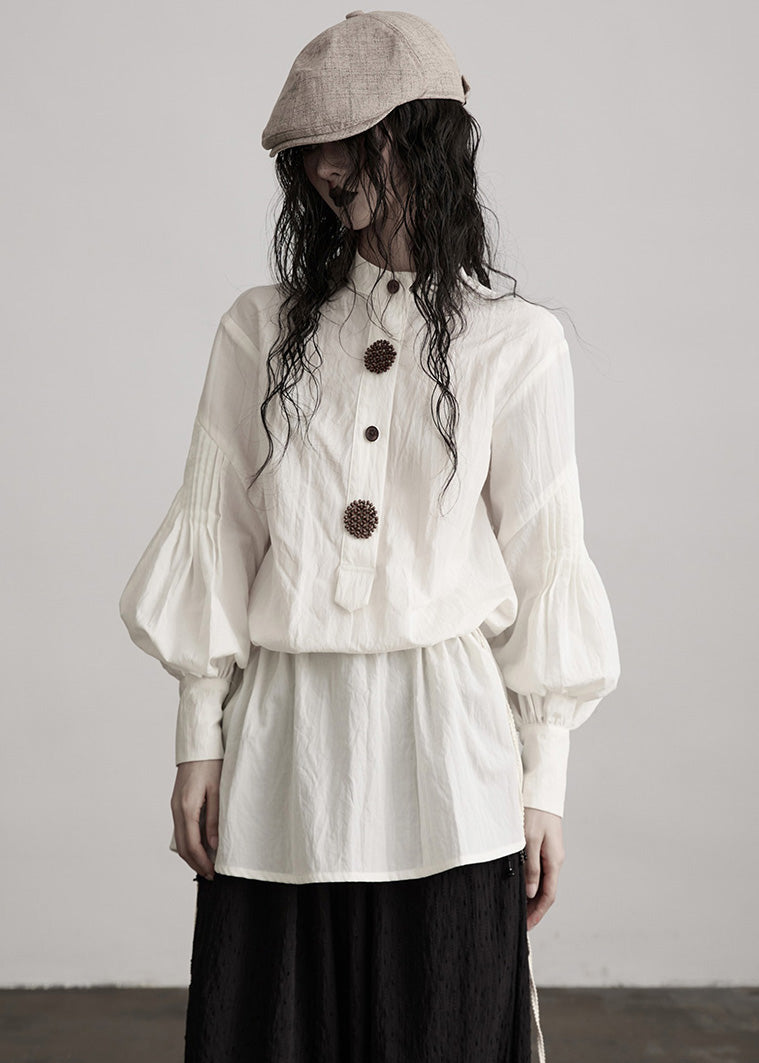 French White O-Neck Puff Sleeve Patchwork Cotton Tops Spring