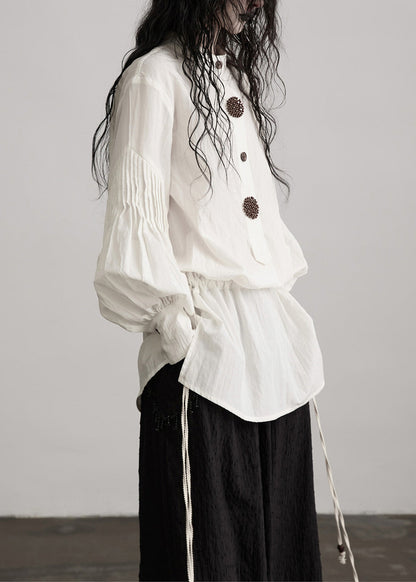 French White O-Neck Puff Sleeve Patchwork Cotton Tops Spring
