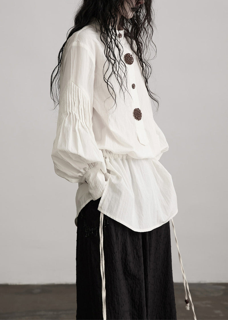 French White O-neck Puff Sleeve Patchwork Cotton Tops Spring