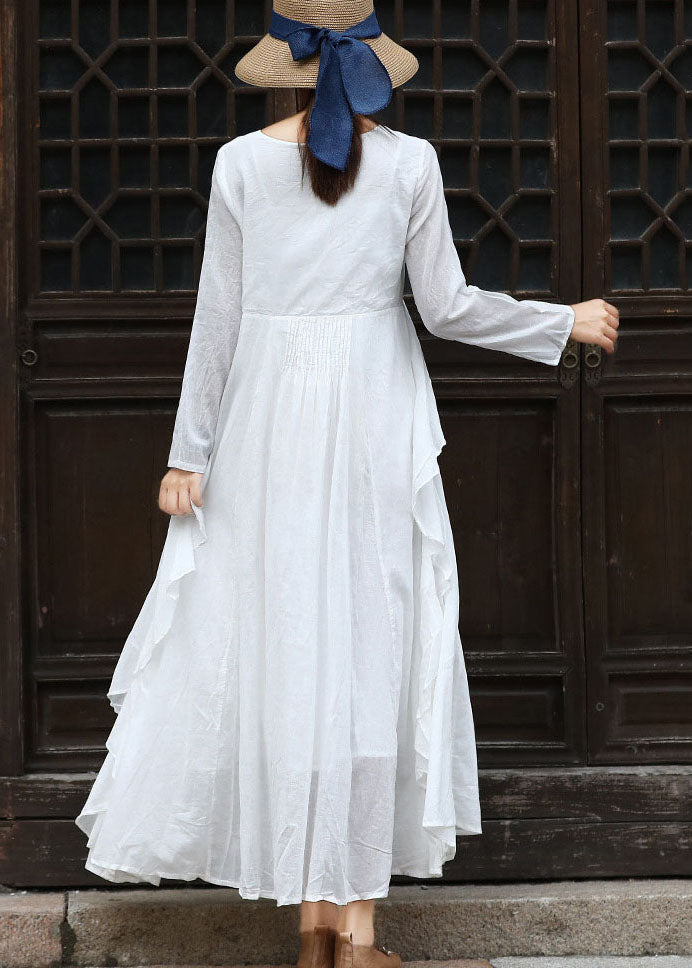 French White O-neck Ruffled Cotton Party Dress Long Sleeve