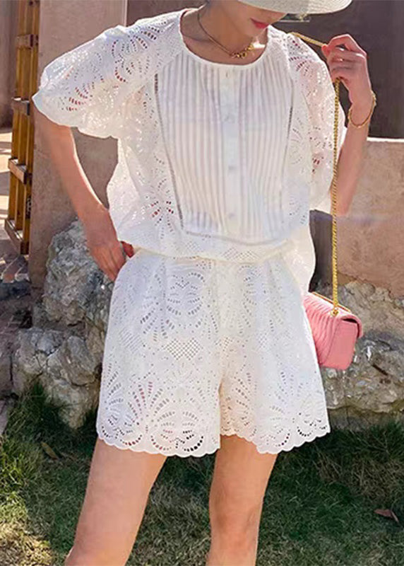 French White O-neck Shirt and Shorts Two Pieces Set Short Sleeve