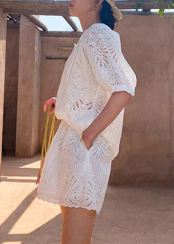 French White O-neck Shirt and Shorts Two Pieces Set Short Sleeve