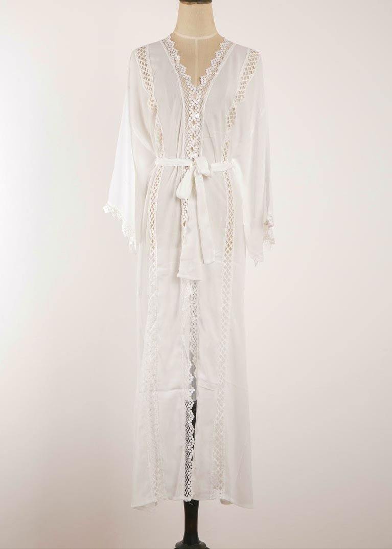 French White Patchwork Tie Waist Kimono Robe Maxi Chiffon Dress