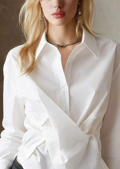 French White Peter Pan Collar Button Spring Asymmetrical Chiffon Shirts