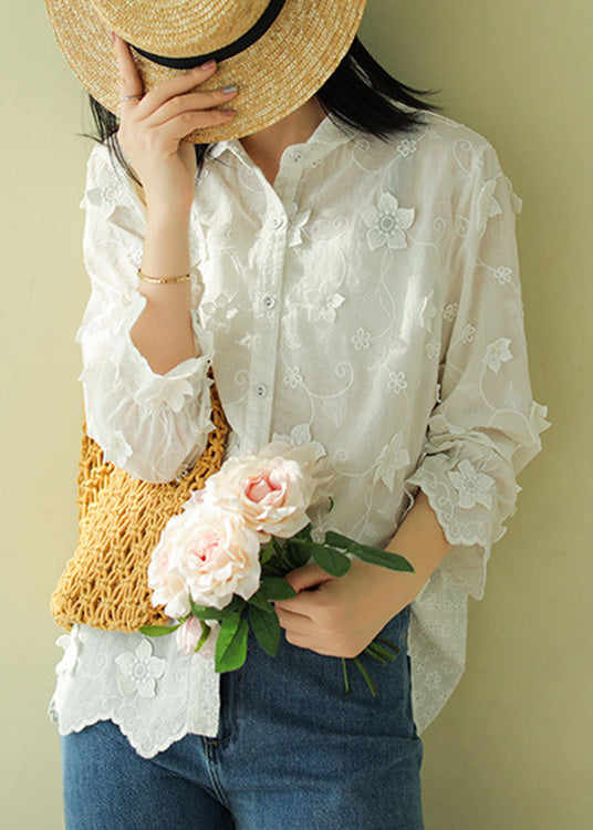 French White Peter Pan Collar Embroideried Button Cotton Shirts Long Sleeve