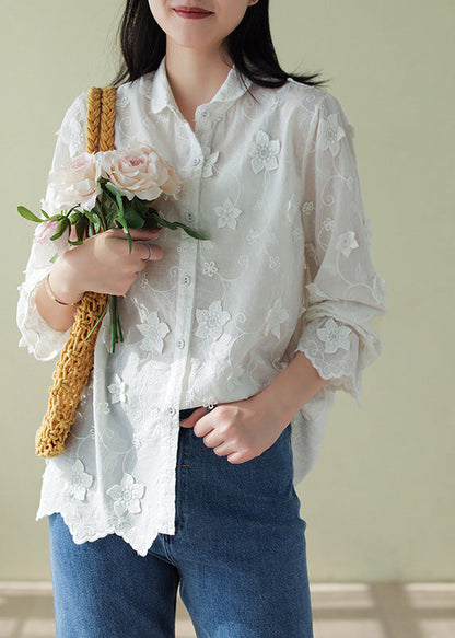 French White Peter Pan Collar Embroideried Floral Button Cotton Shirts Long Sleeve