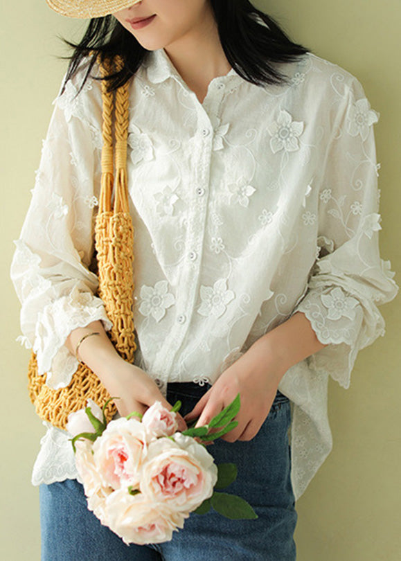 French White Peter Pan Collar Embroideried Button Cotton Shirts Long Sleeve
