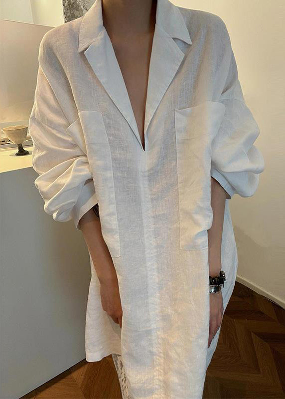 French White Peter Pan Collar Pockets Linen Blouses Fall