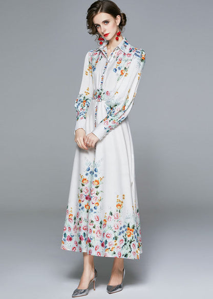French White Peter Pan Collar Print Chiffon Dresses Fall