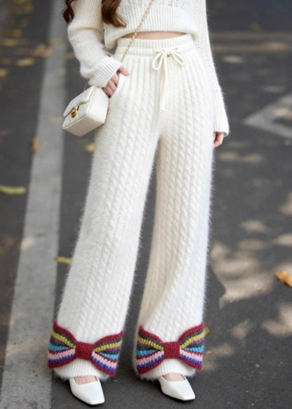 French White Pockets Bow Elastic Waist Knit Pants Spring
