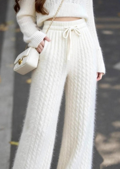 French White Pockets Bow Elastic Waist Knit Pants Spring