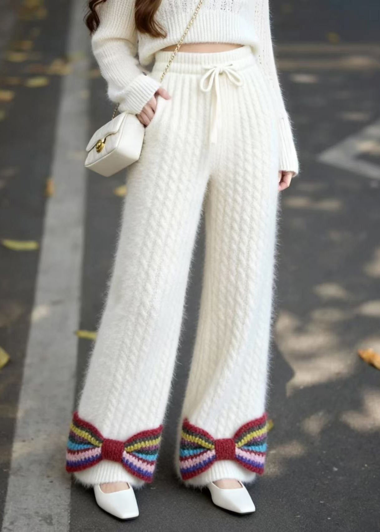 French White Pockets Bow Elastic Waist Knit Pants Spring