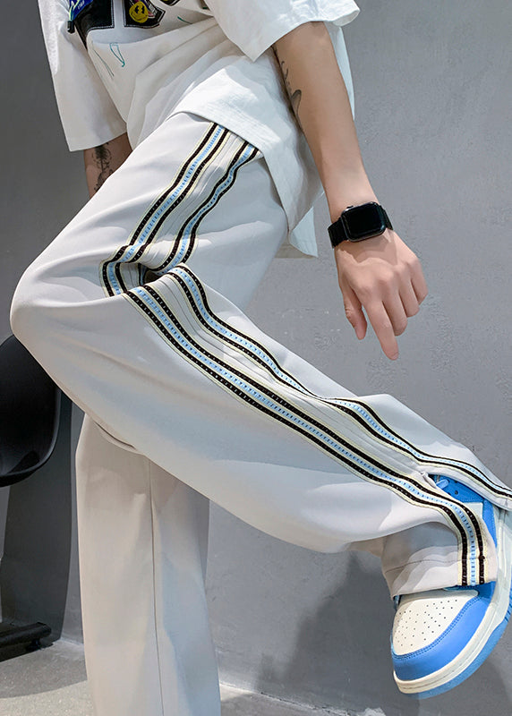 French White Pockets Striped Side Open Ice Silk Pants Summer