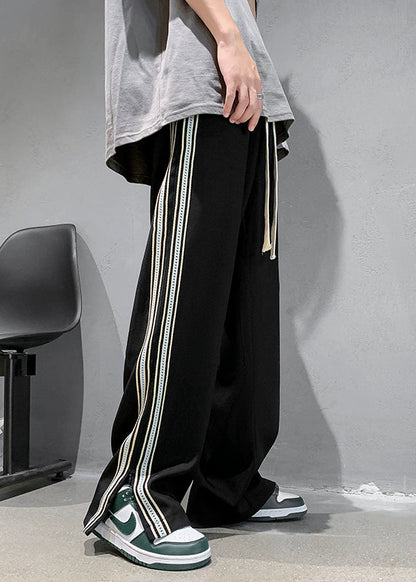 French White Pockets Striped Side Open Ice Silk Pants Summer
