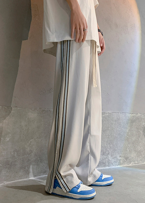 French White Pockets Striped Side Open Ice Silk Pants Summer