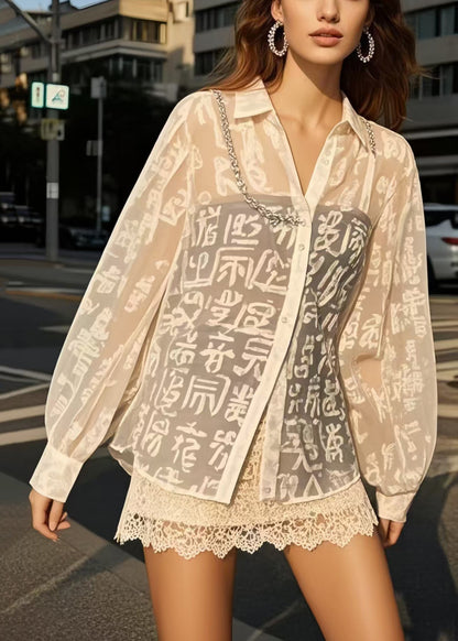 French White Print Chiffon UPF 50+ Blouses Spring