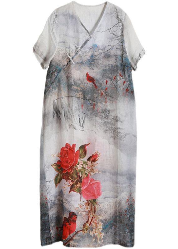 French White Print Linen Chinese Button Vacation Dresses