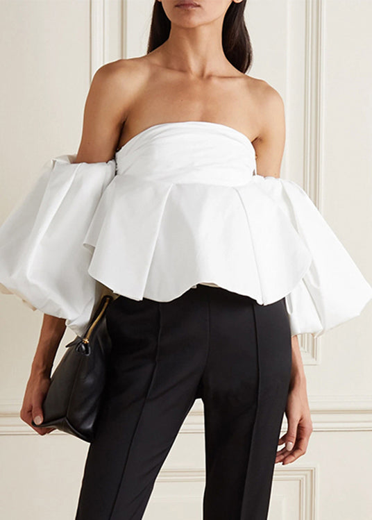 French White Puff Sleeve Wrinkled Cotton Top Spring
