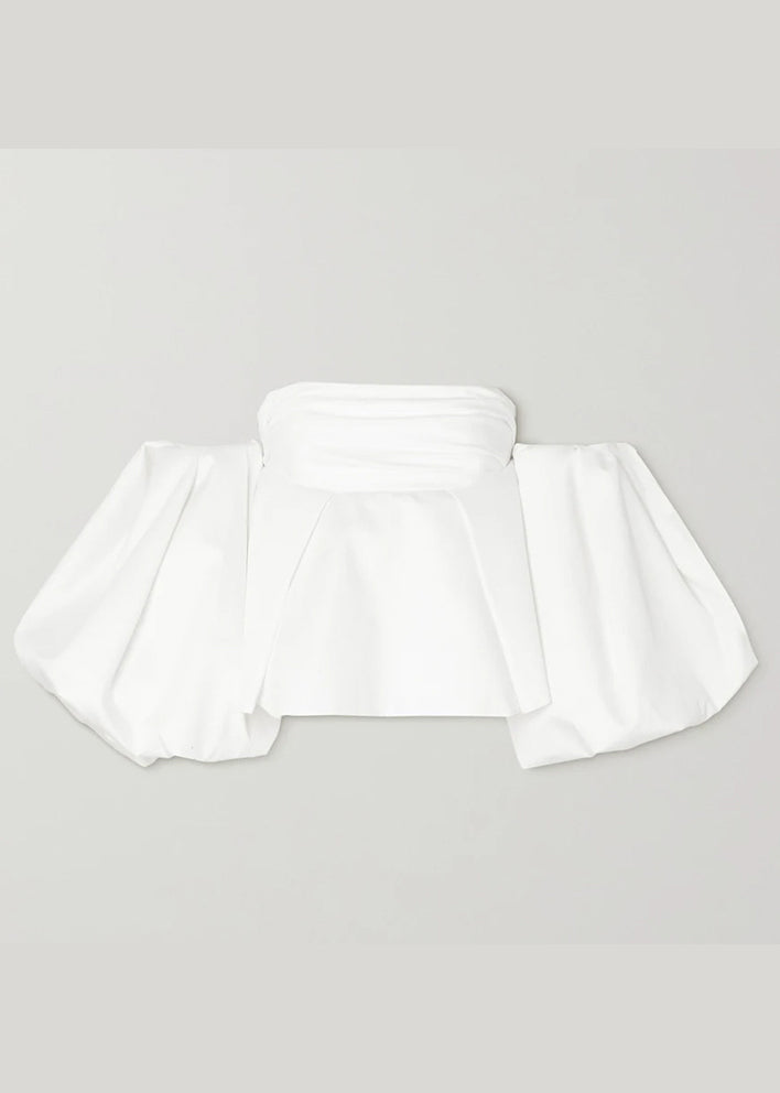 French White Puff Sleeve Wrinkled Cotton Top Spring