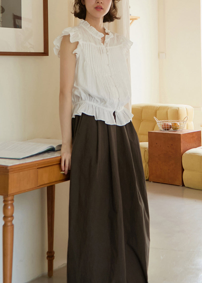 French White Ruffled Button Patchwork Cotton Blouses Summer