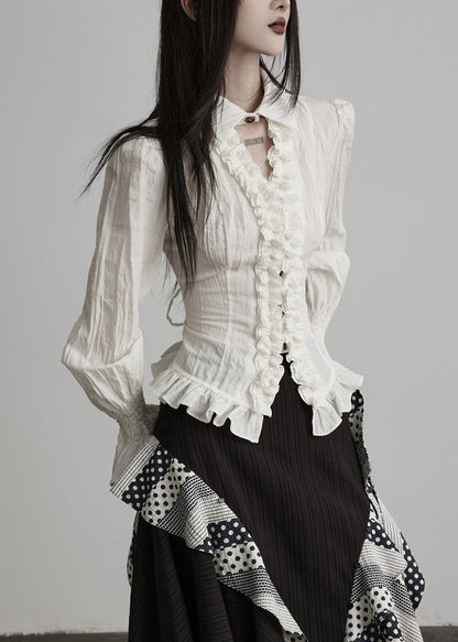 French White Ruffled Cinched Cotton Shirt Top Spring