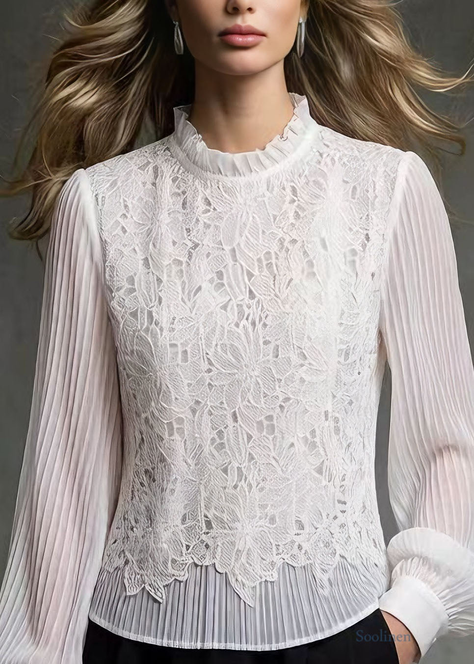 French White Ruffled Lace Patchwork Blouses Spring
