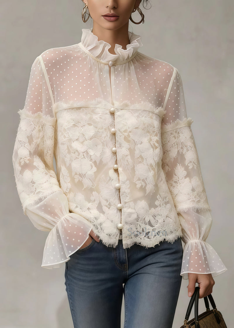 French White Ruffled Patchwork Lace Blouse Tops Spring