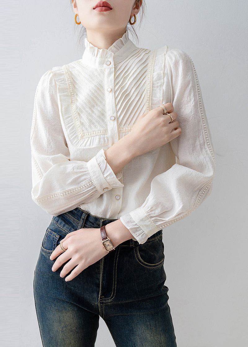 French White Ruffled Patchwork Wrinkled Chiffon Shirt Tops Spring