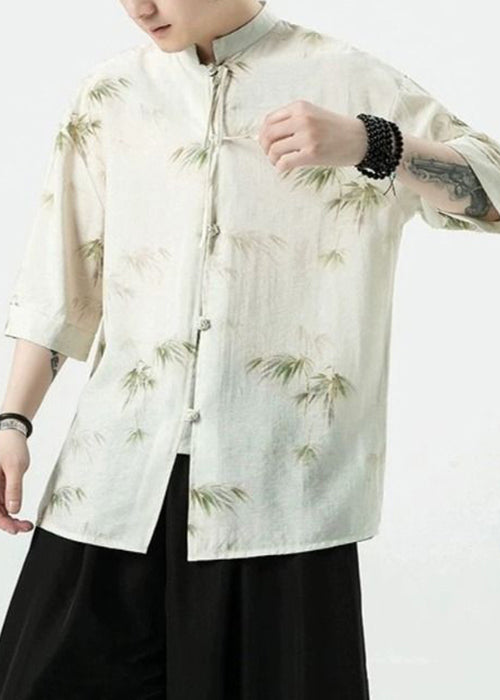 French White Stand Collar Button Cotton Shirt Half Sleeve
