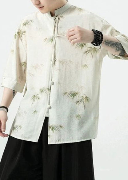 French White Stand Collar Button Cotton Shirt Half Sleeve