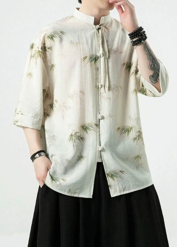 French White Stand Collar Button Cotton Shirt Half Sleeve