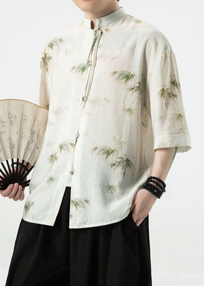 French White Stand Collar Button Cotton Shirt Half Sleeve