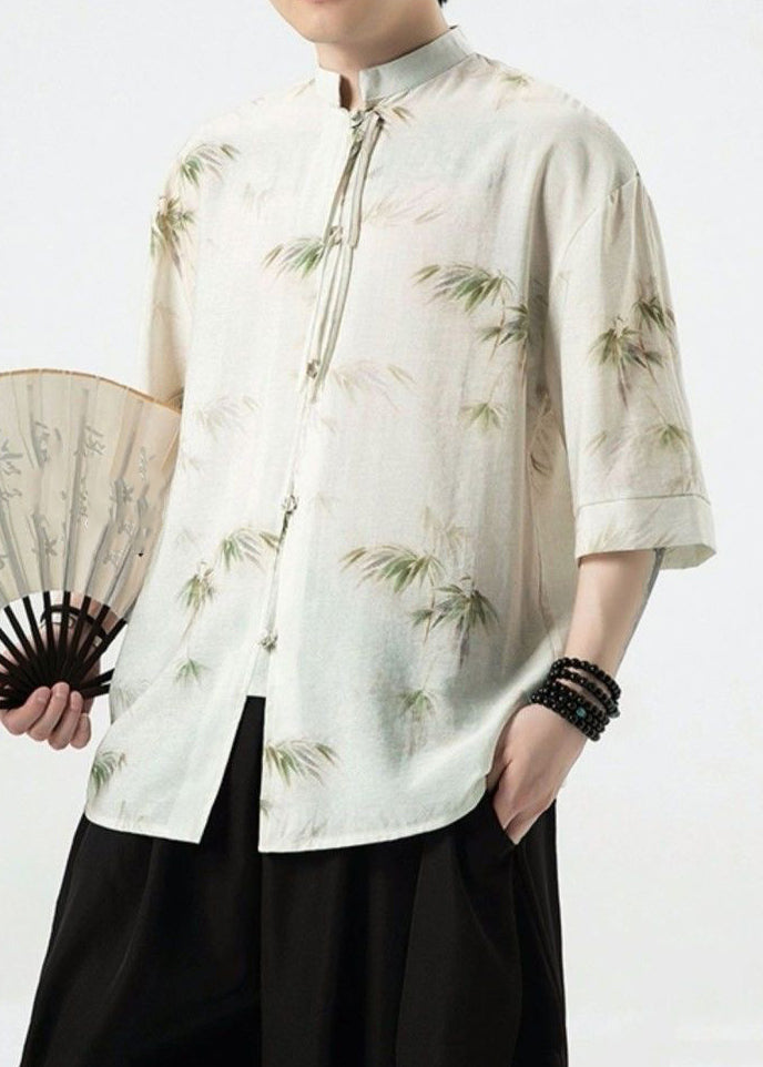 French White Stand Collar Button Cotton Shirt Half Sleeve
