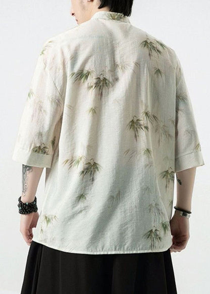 French White Stand Collar Button Cotton Shirt Half Sleeve