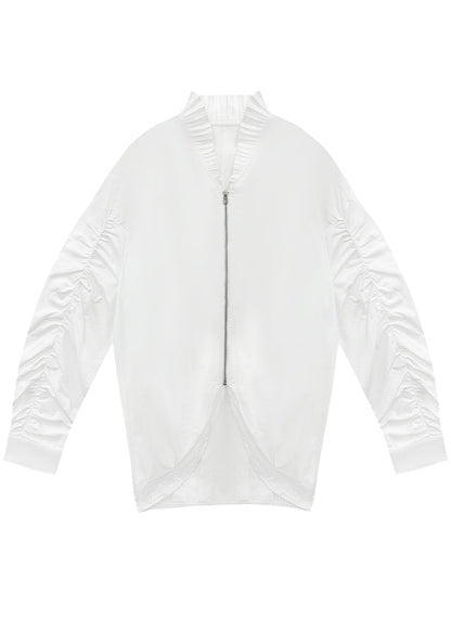 French White Stand Collar Cinched Patchwork Zippered Solid Shirt Batwing Sleeve