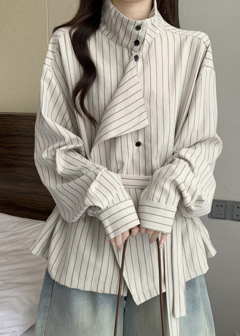 French White Stand Collar Striped Cotton Tunic Coat Spring