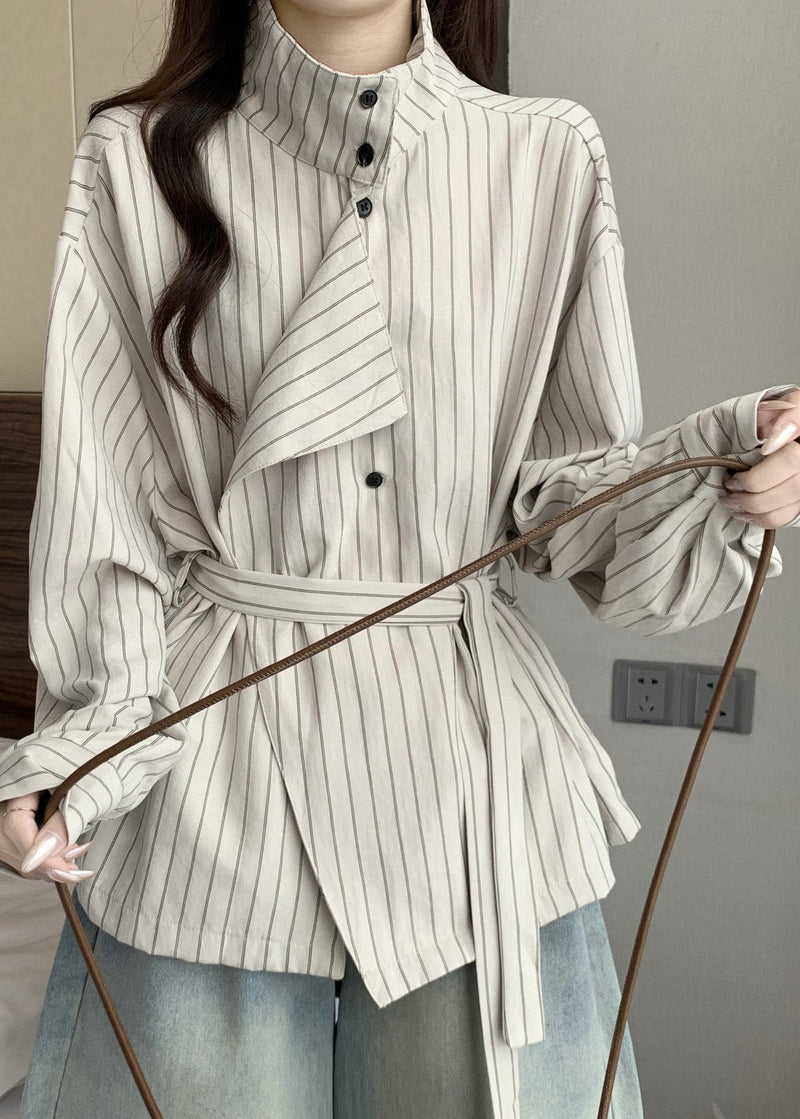 French White Stand Collar Striped Cotton Tunic Coat Spring