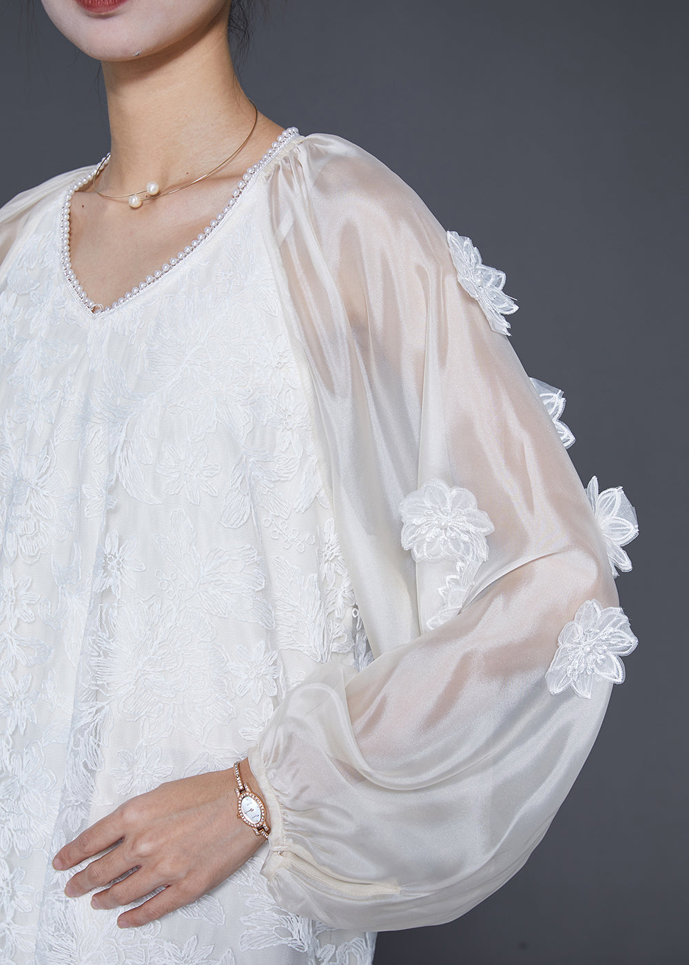 French White Stereoscopic Lace Long Dresses Fall